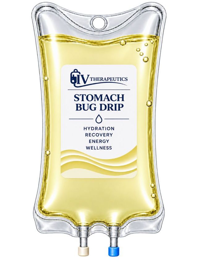 IV hydration stomach bug drip bag with yellow fluid and blue/gray label, medical IV pouch with hanging port