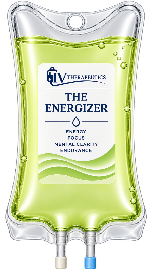 Clear IV bag with pale green liquid labeled “The Energizer,” hanging with two ports at the bottom.