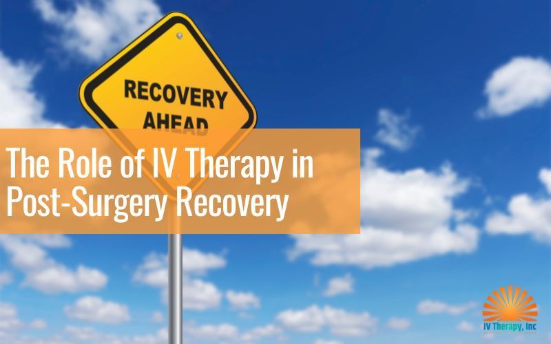 Yellow recovery sign against blue sky with text: “The Role of IV Therapy in Post-Surgery Recovery”