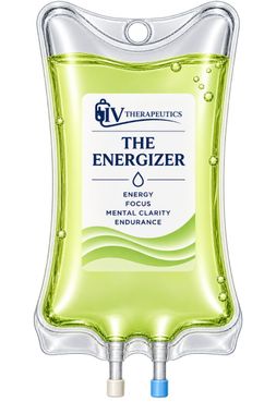 Clear IV fluid bag labeled “The Energizer” with green liquid and two ports at the bottom