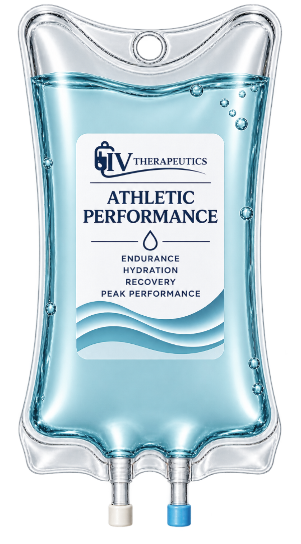 Clear IV bag labeled “Athletic Performance” with blue fluid and two ports at the bottom