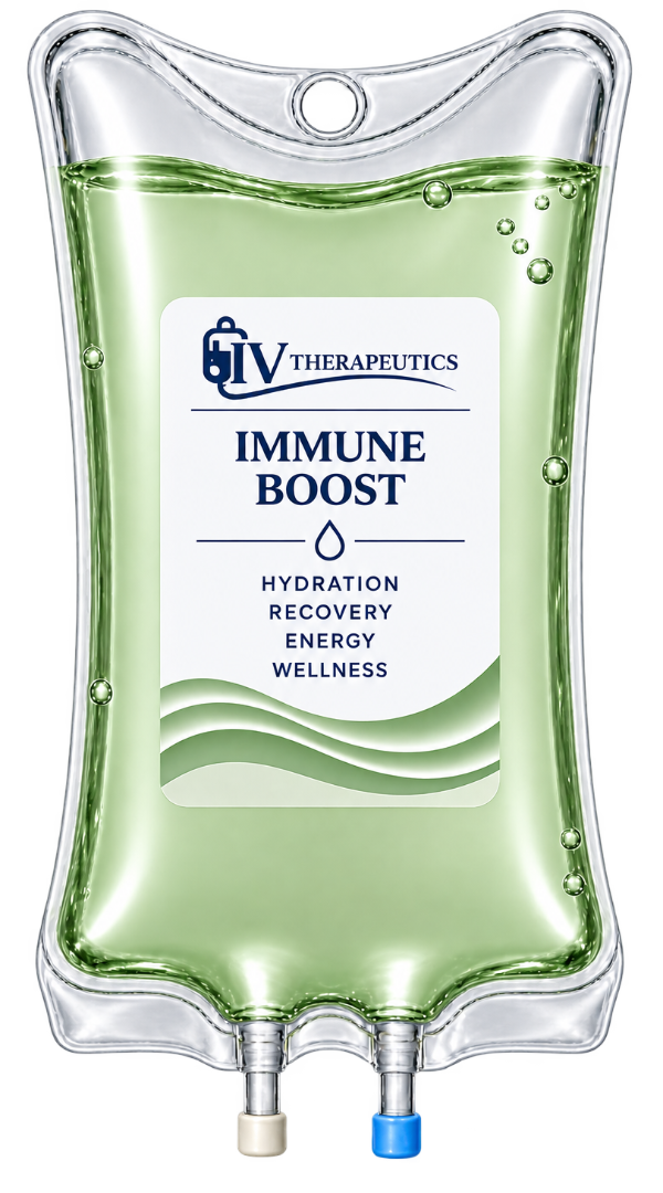 IV drip bag labeled “Immune Boost” with green liquid and two outlets.