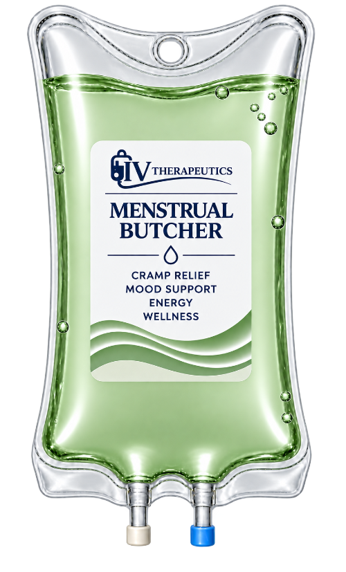 Green IV bag labeled “Menstrual Butter Oil” with a transparent body and silver top, hanging tube ports at bottom