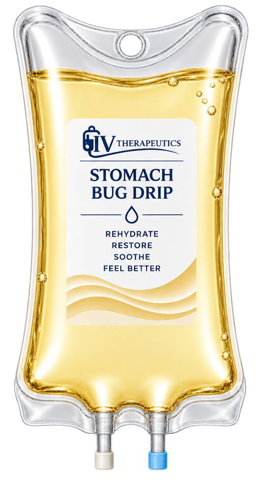 IV bag labeled “stomach bug drip” with yellow fluid, shown against a white background