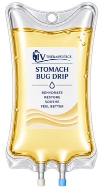 Stomach bug drip IV bag with yellow liquid and medical labels, hanging upright