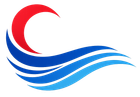 Abstract red and blue wave logo on a white background