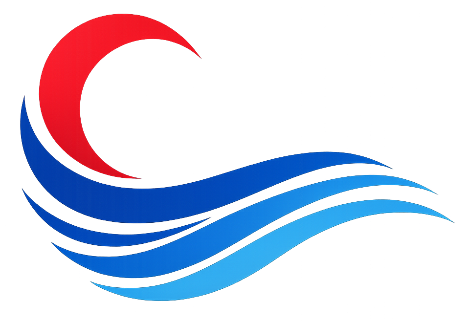 Abstract red and blue wave logo on a white background