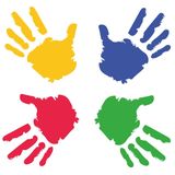 Four different colored hand prints on a white background | Brookline, NH | Scribbles Early Learning