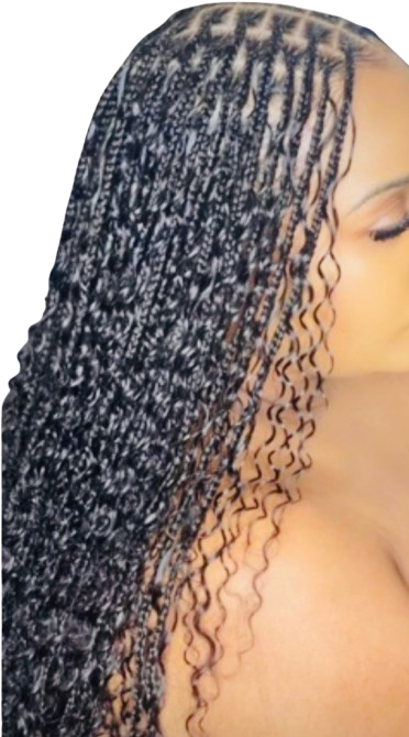 Woman with long, black box braids with curly ends; shoulder and upper chest visible.