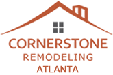 Cornerstone Remodeling logo: Brown roof and chimney above the text