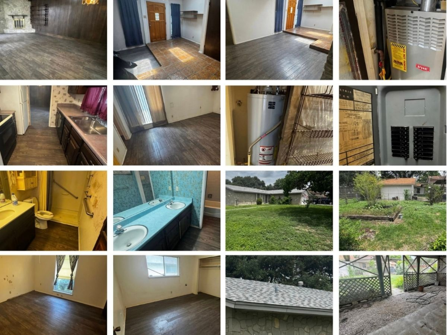 Collage of building and apartment photos: hallways, utility room, bathroom, rooms, and exterior lawn with garage.
