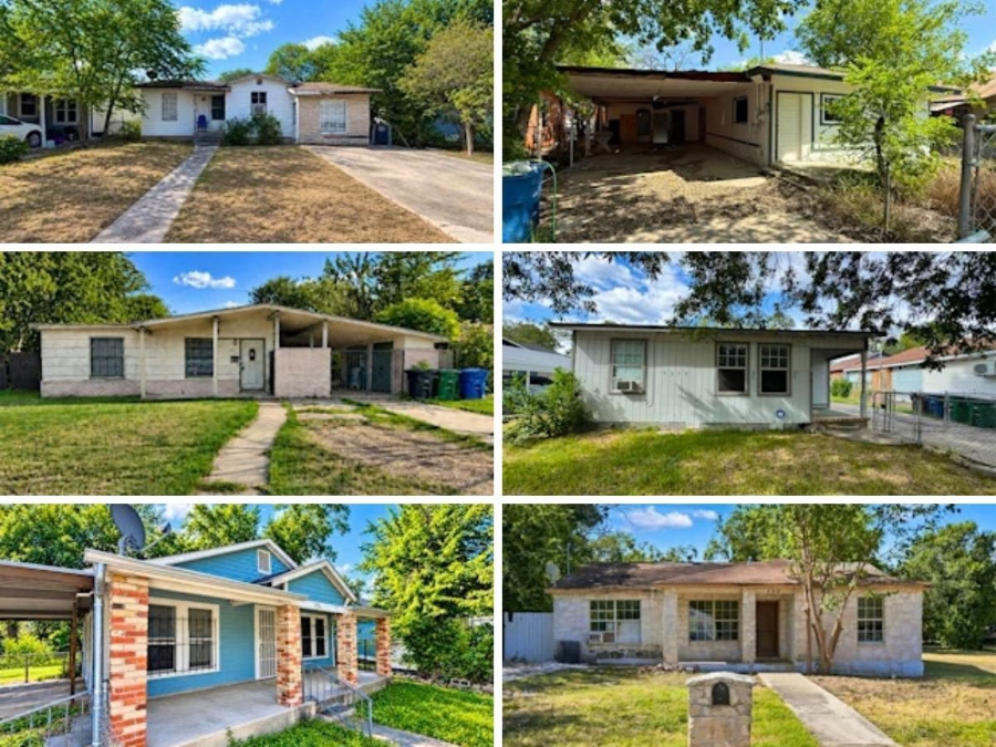 Collage of six single-story houses with front yards, driveways, and trees in suburban settings