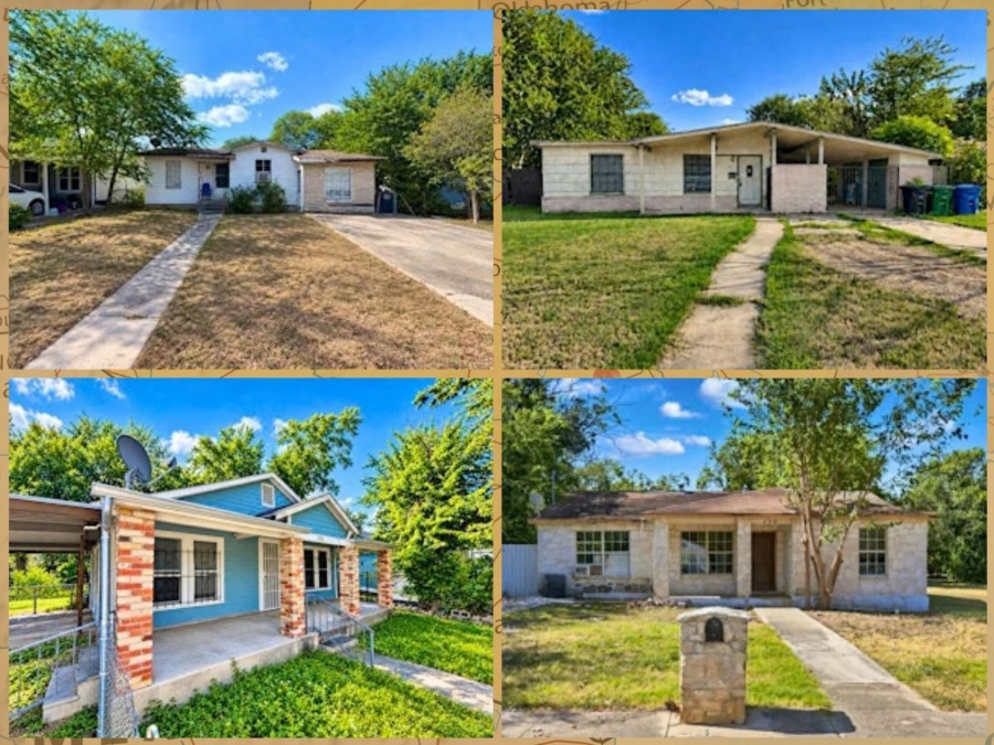 Collage of four modest single-story homes with front lawns, porches, and driveways under a blue sky