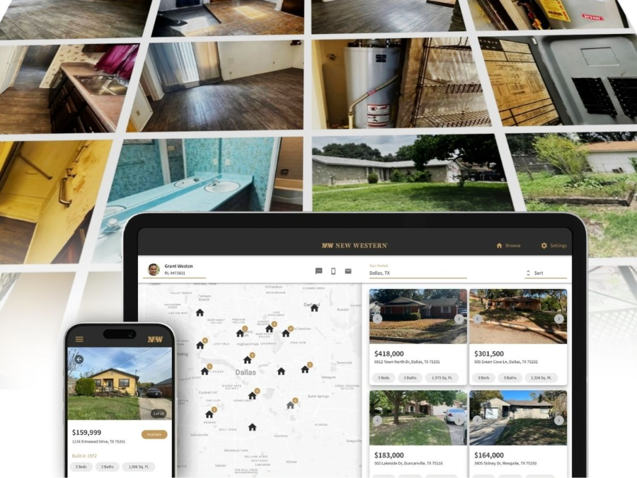 Laptop and phone displaying a real estate website against a collage of property photos