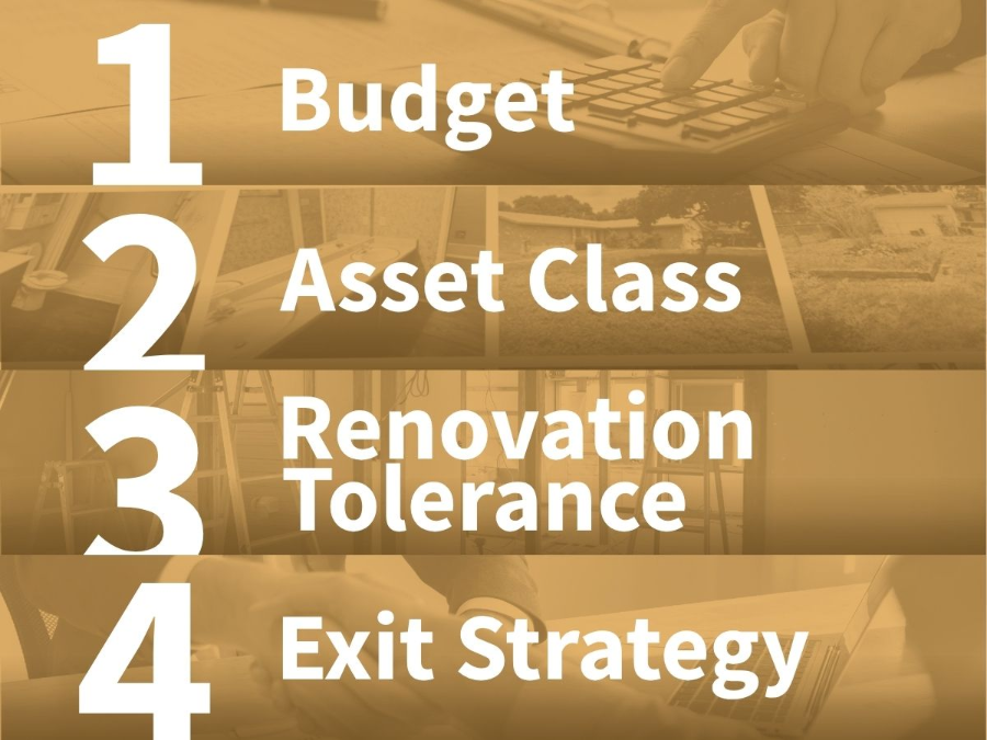 Four numbered steps: Budget, Asset Class, Renovation Tolerance, Exit Strategy, on a gold background