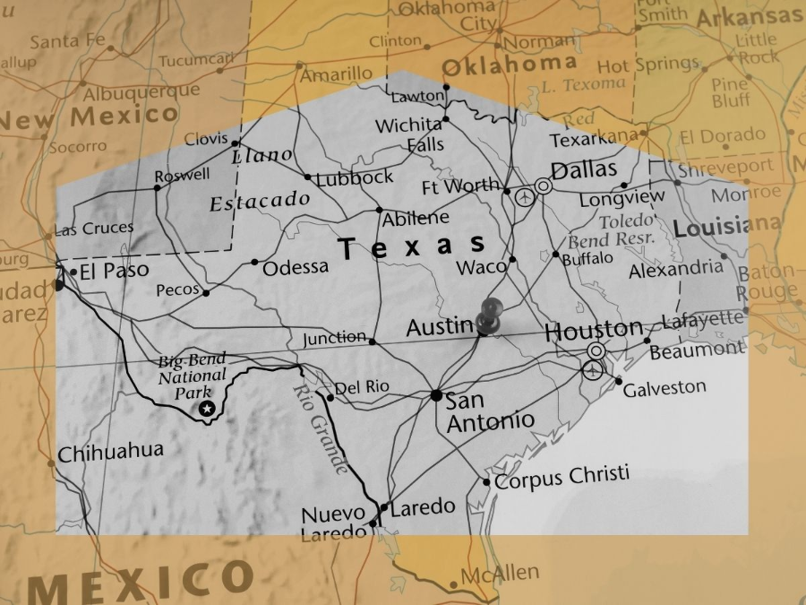 Map of Texas over a faded Mexico background, showing major cities and borders