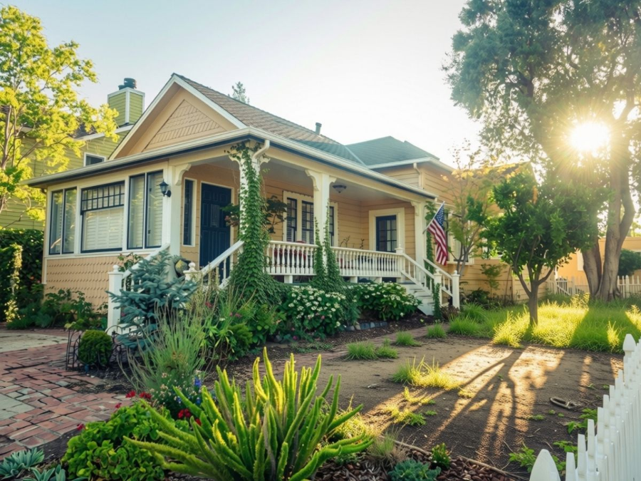 Sunlit bungalow with porch, lush garden, and white picket fence at dusk