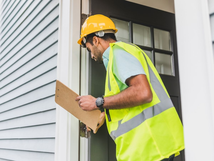 Worker in yellow safety vest and hard hat inspecting a house door with a clipboard.