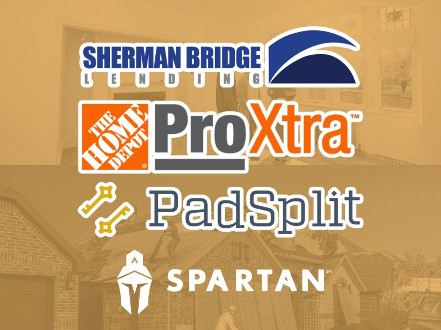 Sherman Bridge Education logo collage with Home Depot, ProXtra, PadSplit, and Spartan logos on tan background