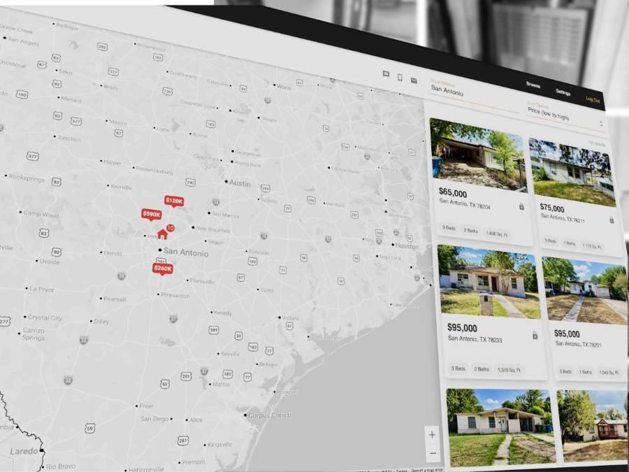 Laptop screen showing a map with red location pins and property listings on the right side