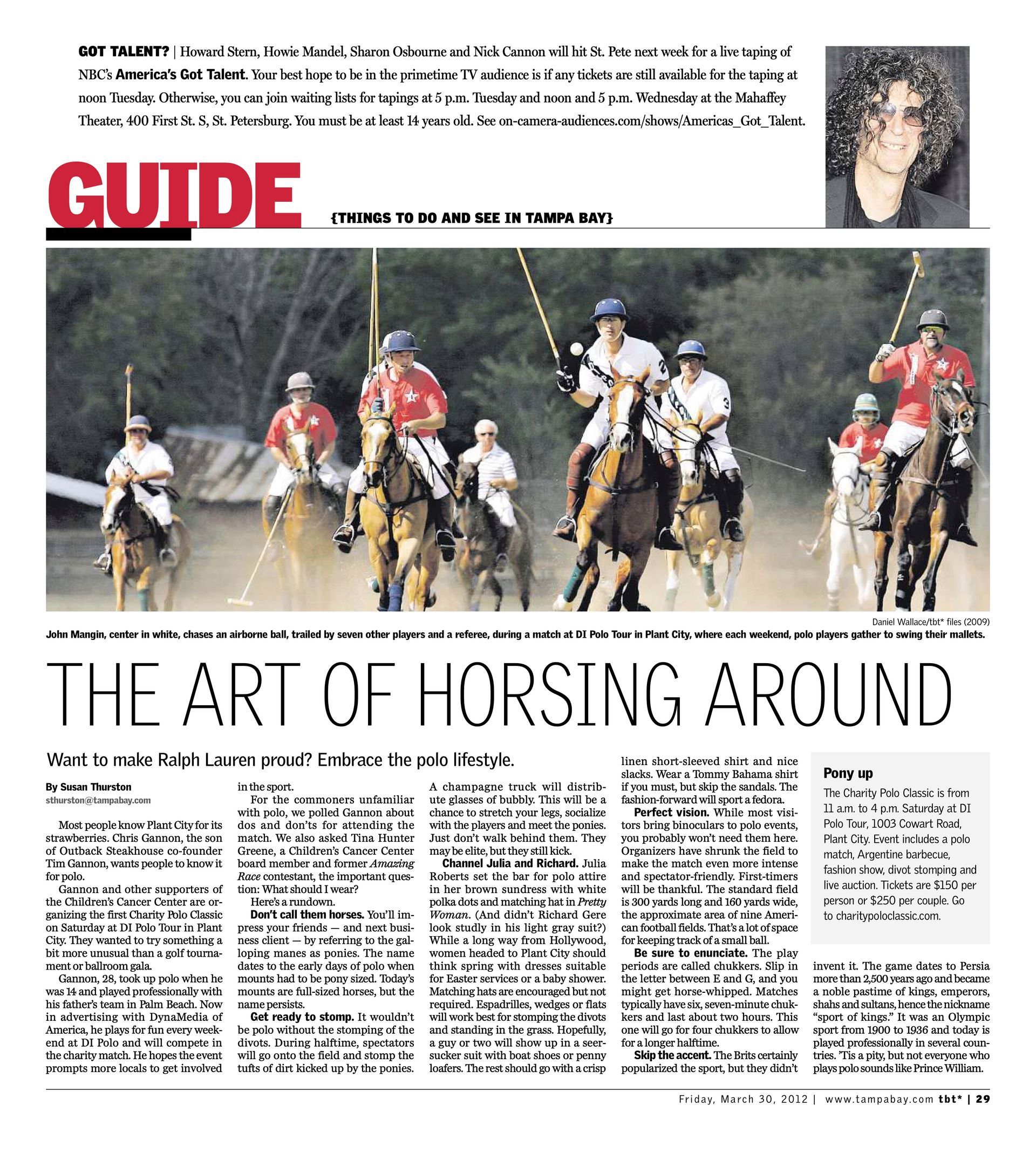 Newspaper feature showcasing the Charity Polo Classic event with polo players, spectators, and cover