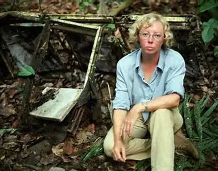 A woman is sitting on the ground in the woods.