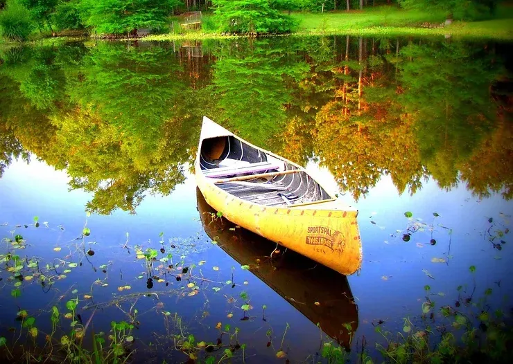 A yellow canoe is floating on a lake