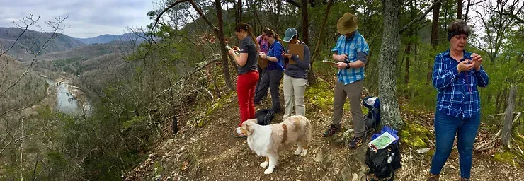 A group of people standing on top of a hill with a dog.