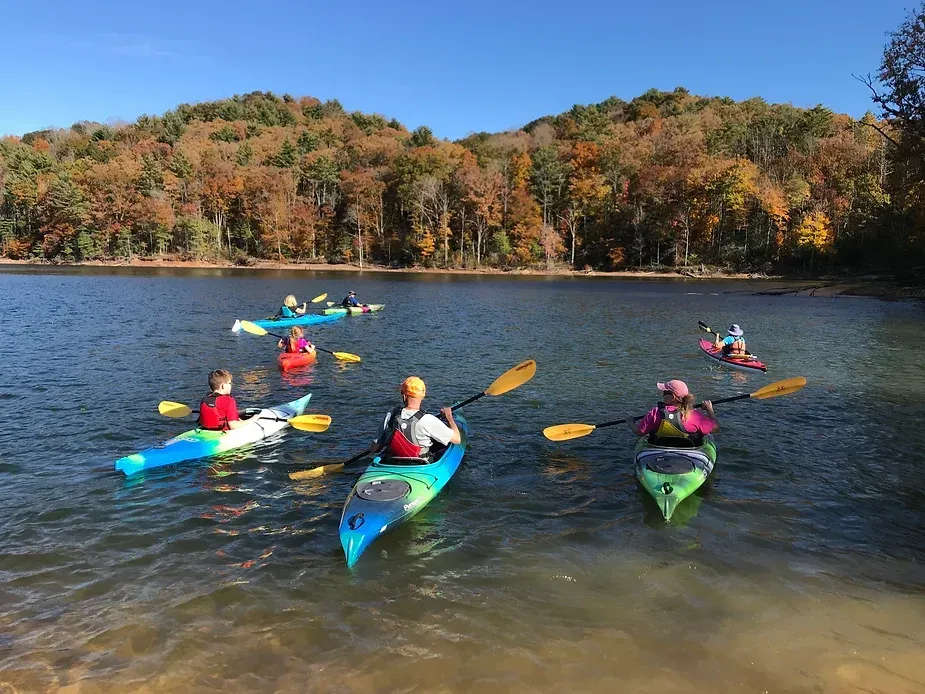 A group of people are kayaking on a lake.