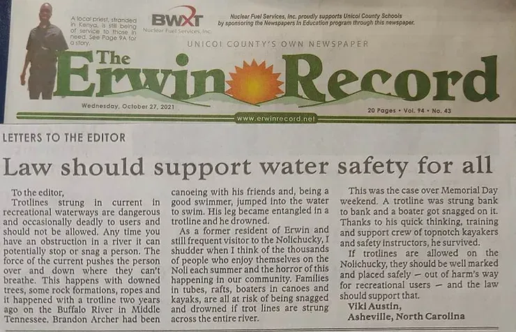A newspaper article titled law should support water safety for all
