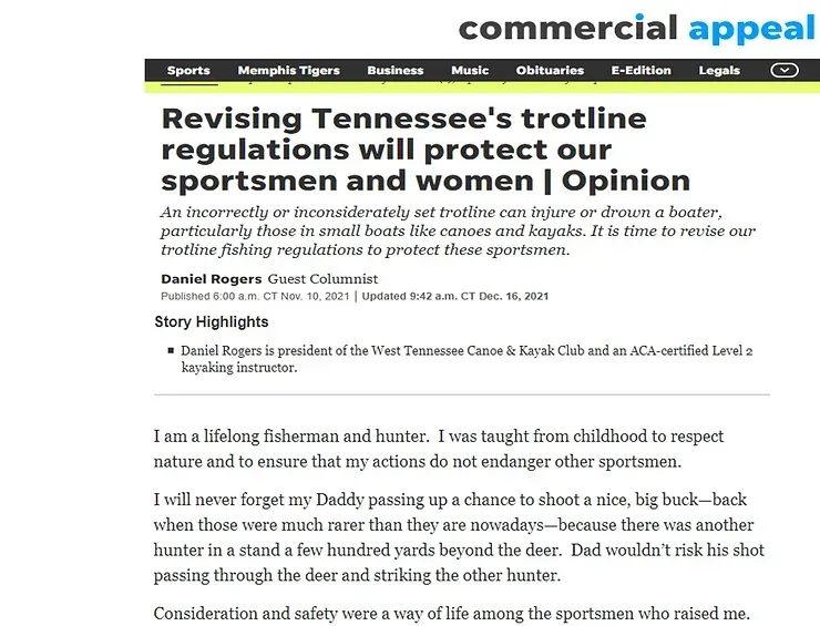 A news article about revising tennessee 's trotline regulations will protect our sportsmen and women