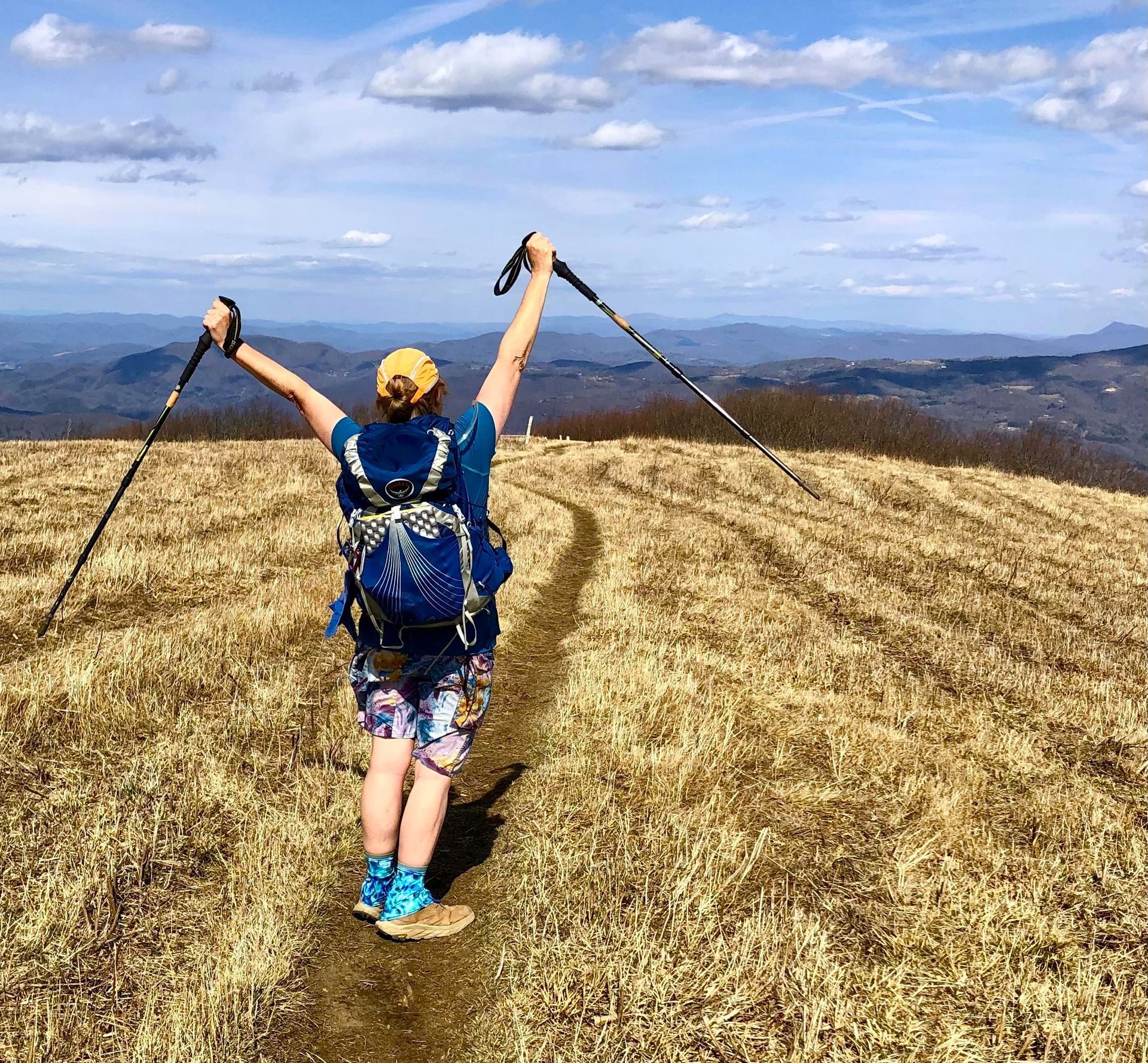 A woman with a backpack and hiking poles is standing on top of a grassy hill.