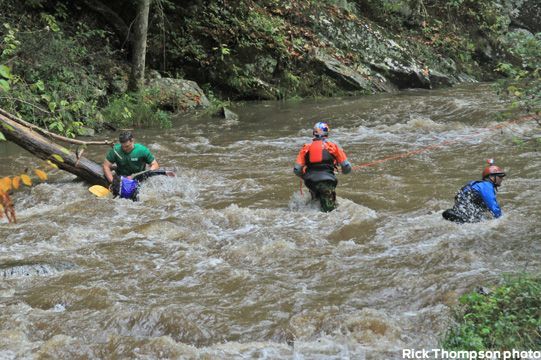 A group of people are rafting down a river.