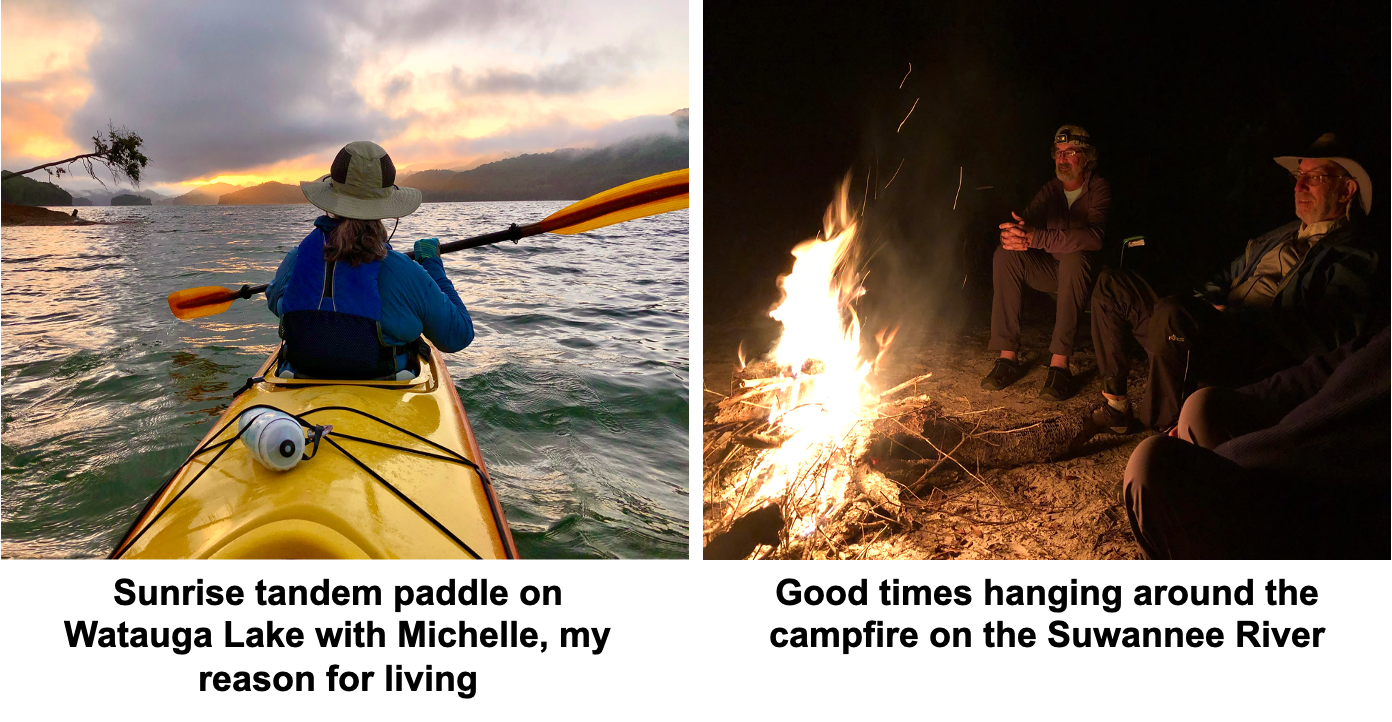 A person in a kayak next to a picture of a fire.