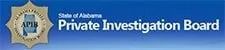 State of Alabama Private Investigation Board logo on blue background with gold emblem