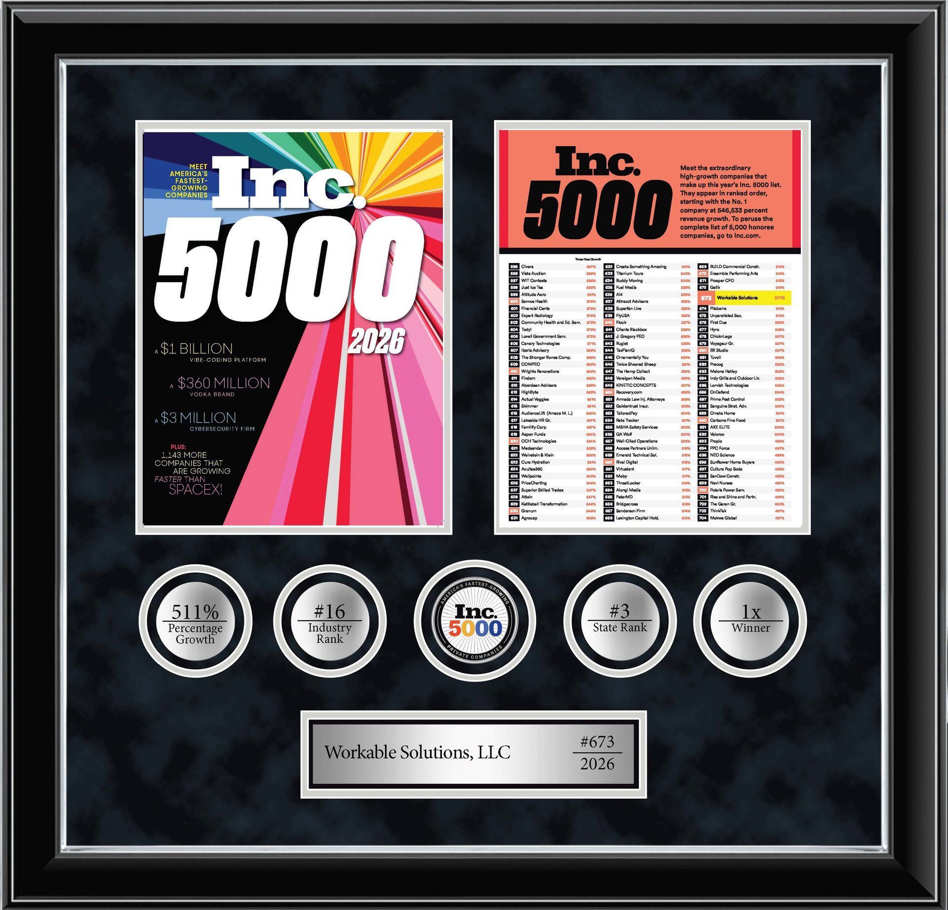 Framed Inc. 5000 award display with magazine cover, plaque, and five medallions on black background