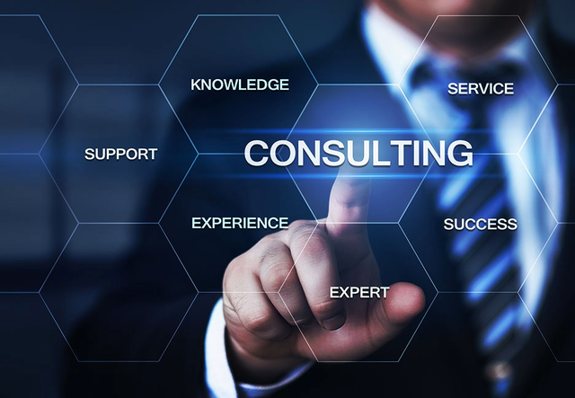 Hand in suit touching virtual button labeled “CONSULTING” with words like knowledge, support, service, and success.