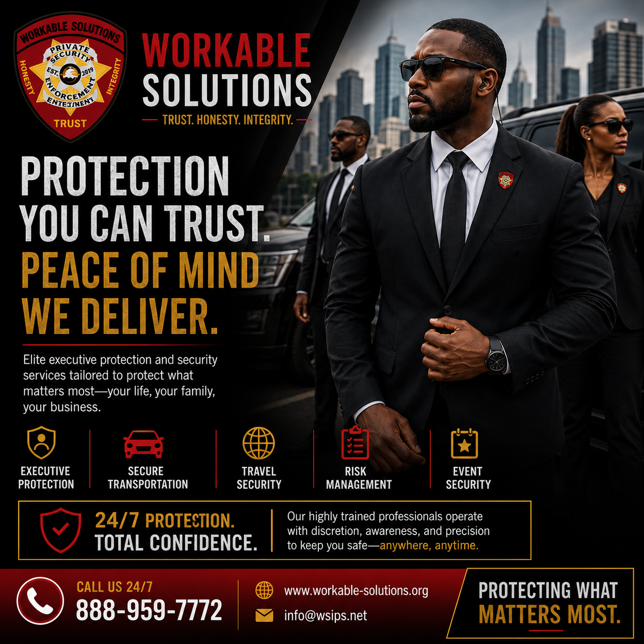 Security guard service ad with suited guards, bold “Protection you can trust” text, and contact details