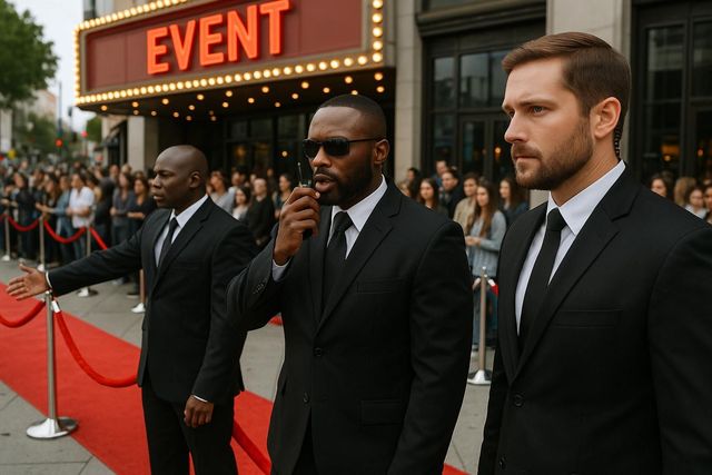 Three men in black suits stand on a red carpet outside an event marquee.