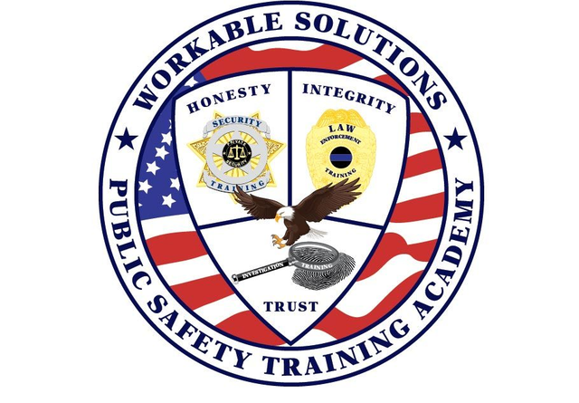 Circular Public Safety Training Academy logo with eagle, shield, stars, and American flag colors