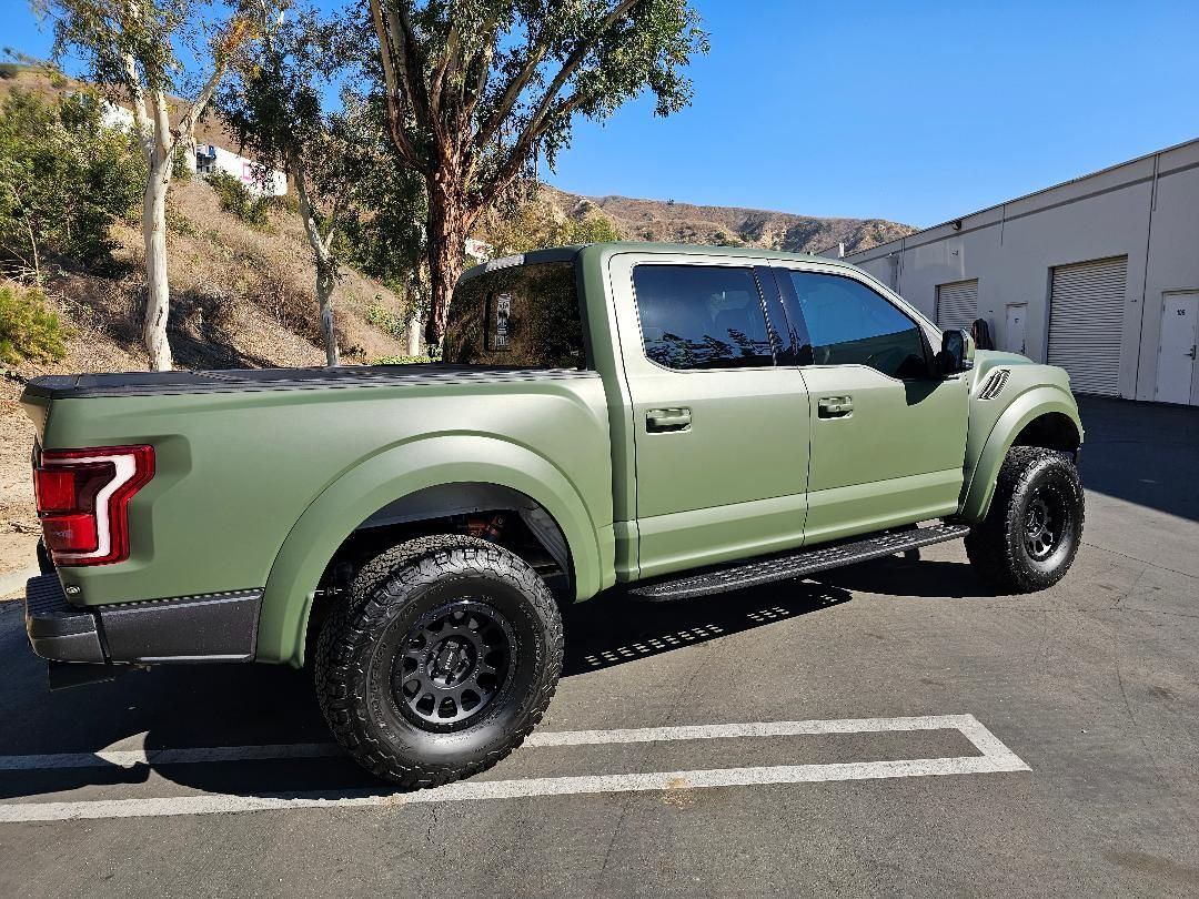 Green Ford Raptor truck parked outside. Black wheels, tinted windows, and a dark bed cover.