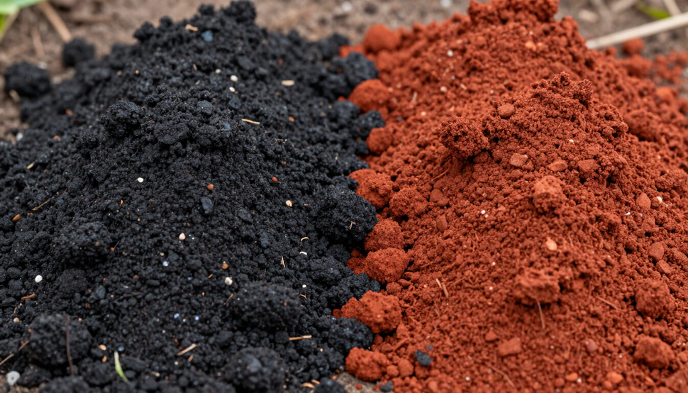 Montones de tierra o compost de color negro y marrón rojizo, uno al lado del otro en el suelo.