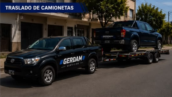 Una grúa remolca un camión rojo y una carretilla elevadora amarilla en una autopista, junto a una señal de tráfico.