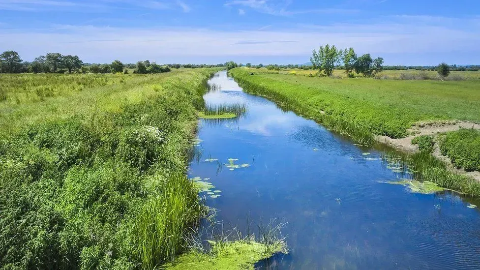 Narrow canal of blue water flows through green grassy banks under a blue sky.