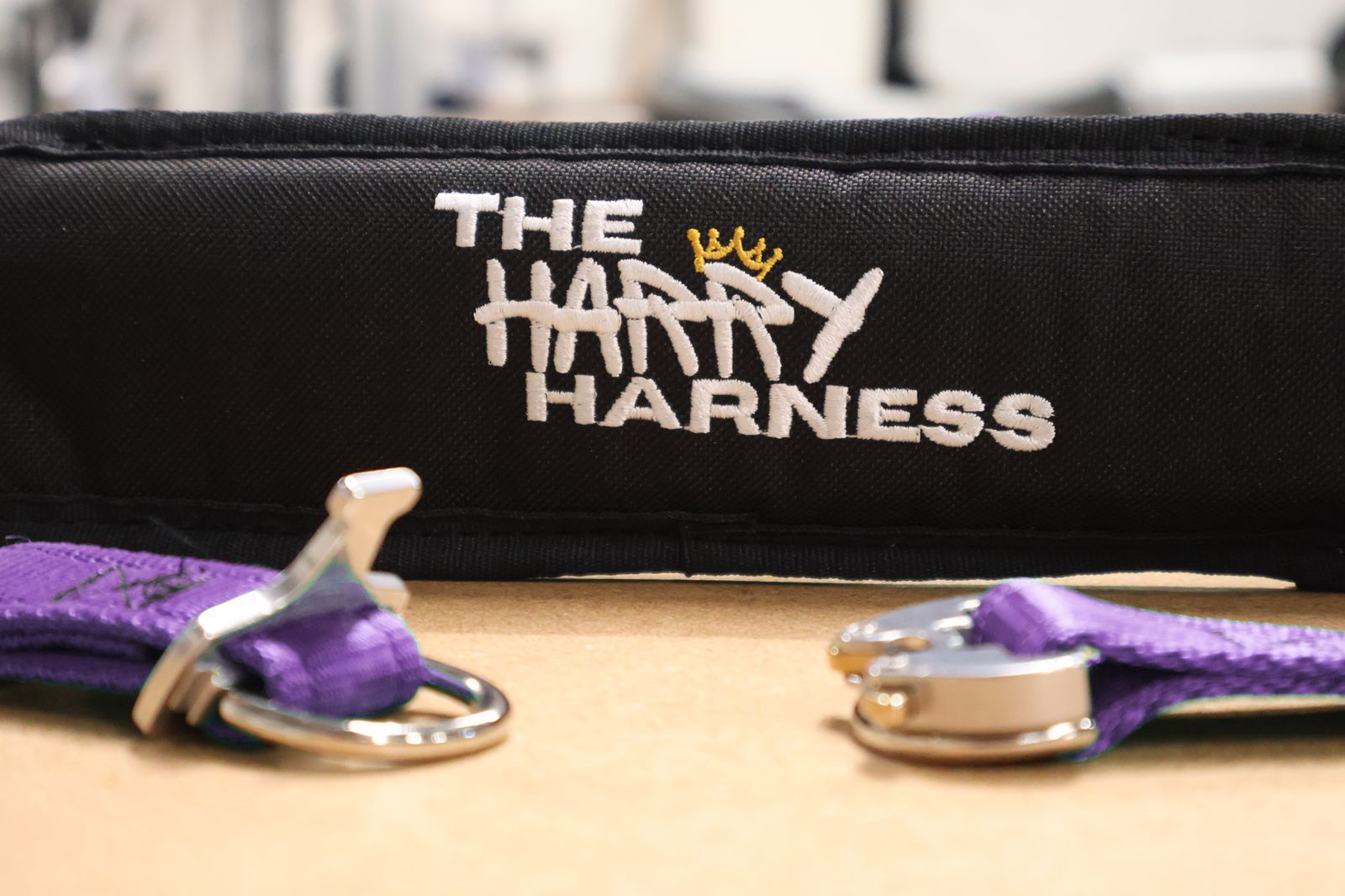 A close up of a harry harness on a table
