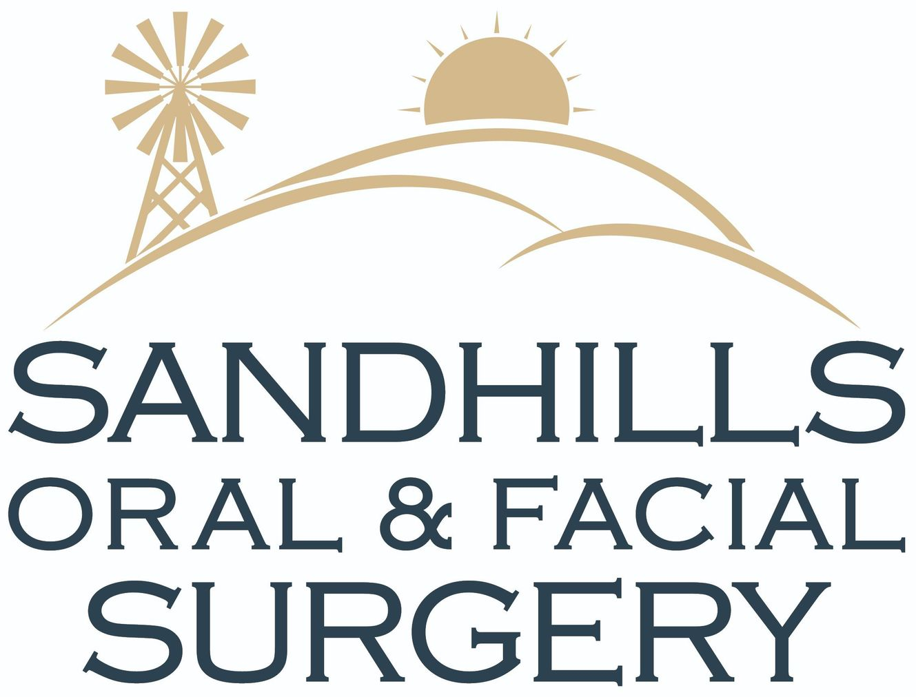 Sandhills Oral & Facial Surgery logo with gold sunrise and windmill over gray text