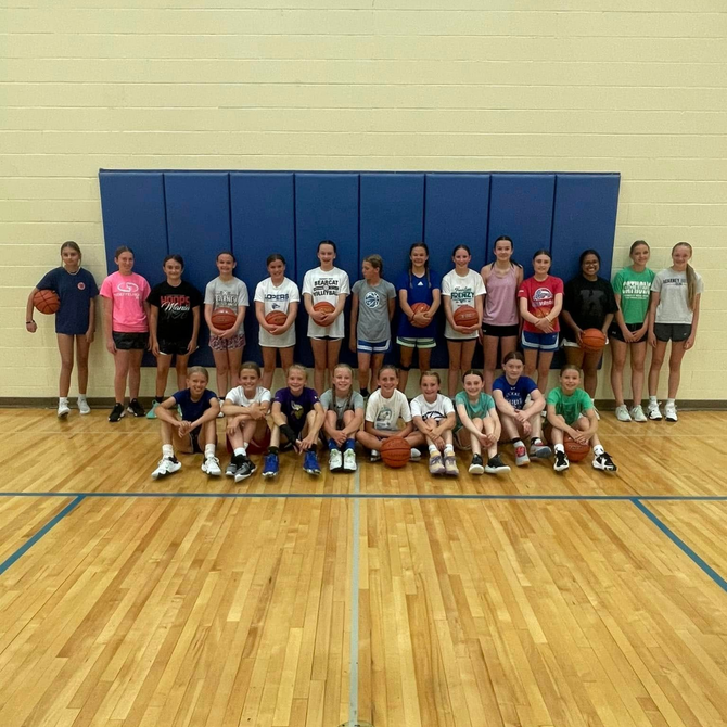 Group of children posing in a gym, some standing and some kneeling, with basketballs and blue wall pads behind them.