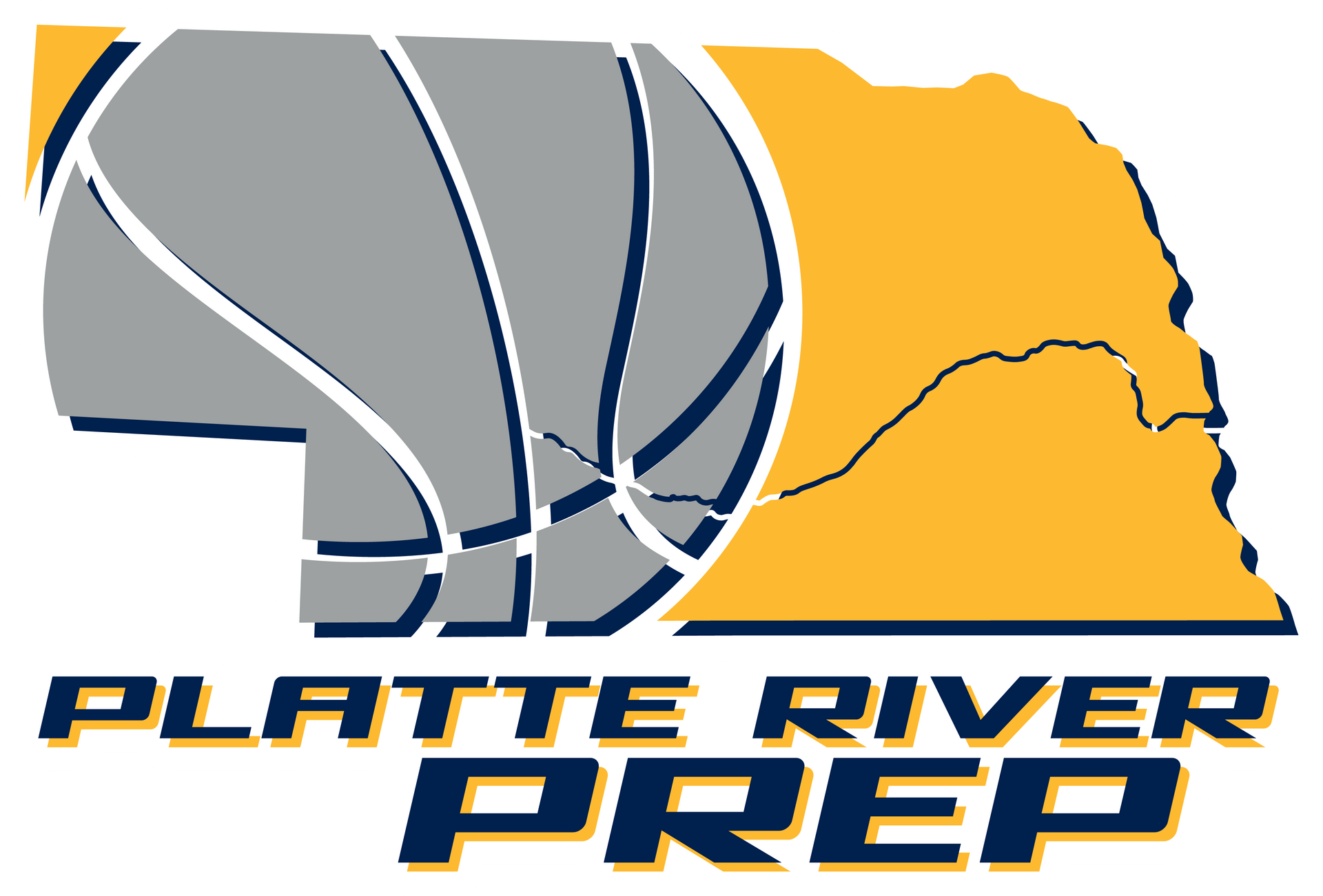 Platte River Prep logo with gray basketball graphic and gold Nebraska outline