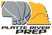 Platte River Prep logo with gray basketball graphic and gold Nebraska outline