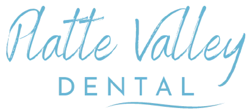 Platte Valley Dental logo in light blue script and capital letters on a white background